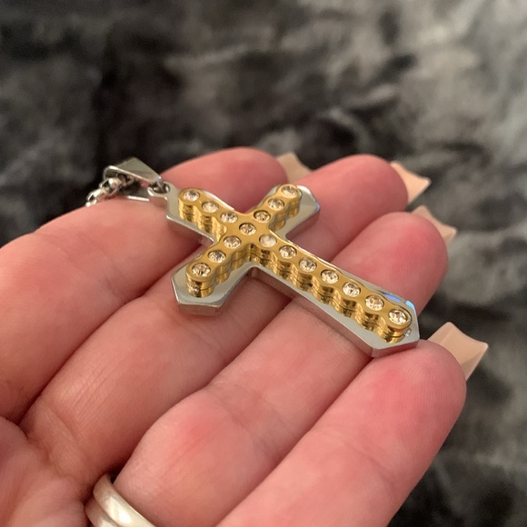 Men’s Two-Tone Cross Pendant Necklace with CZ Stones – Stainless Steel Chain - Picture 4 of 9